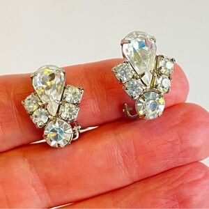 Weiss Vintage Earrings Clear Rhinestone Pear Cut Round Statement Costume Clip On